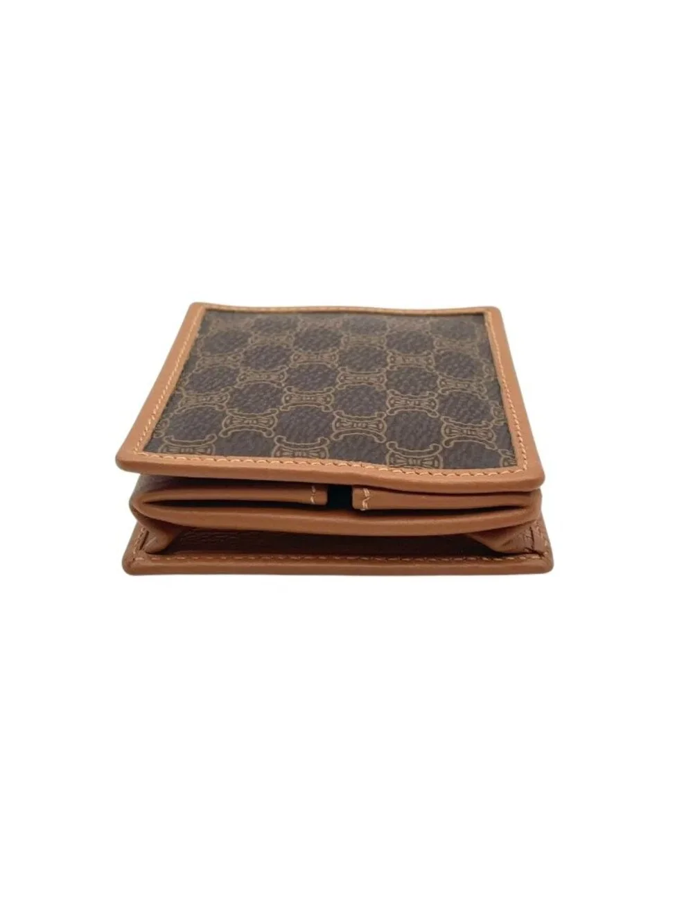 Celine Macadam Pattern Triomphe Compact Wallet Fold Mini Leather Camel Brown
